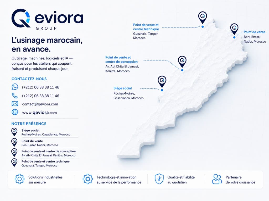 Carte de présence Qeviora au Maroc — siège social à Casablanca, points de vente à Kénitra, Tanger et Nador