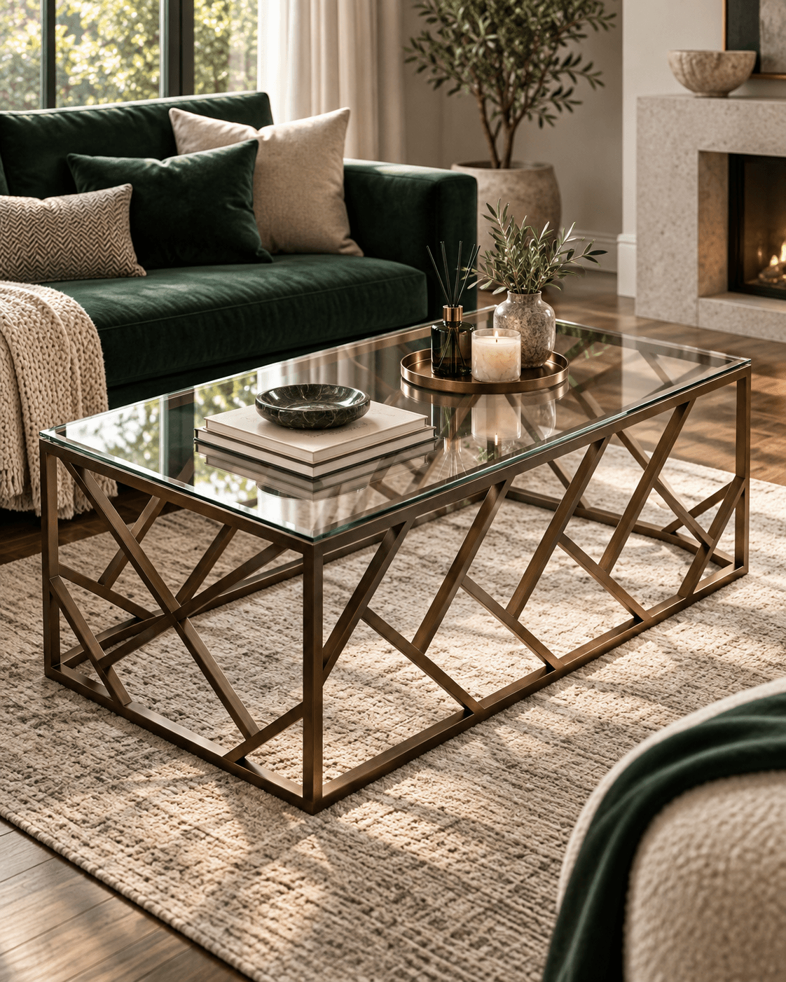 Visuel catalogue — table basse GEO bronze dans un intérieur.